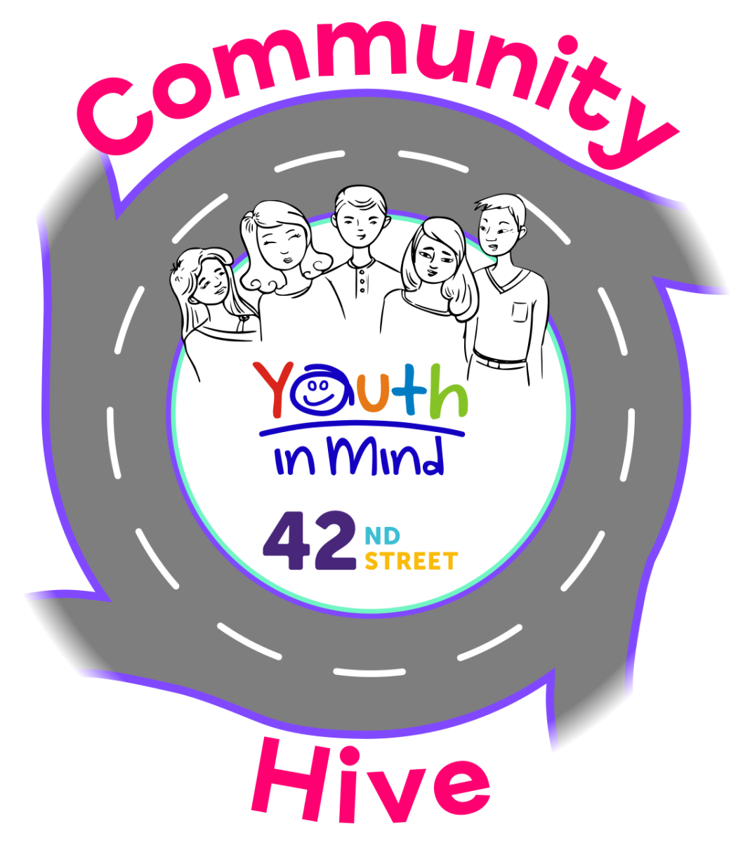 Our logo for the Community Hive service. A roundabout graphic is depicted with a group of illustrated young people in the center.